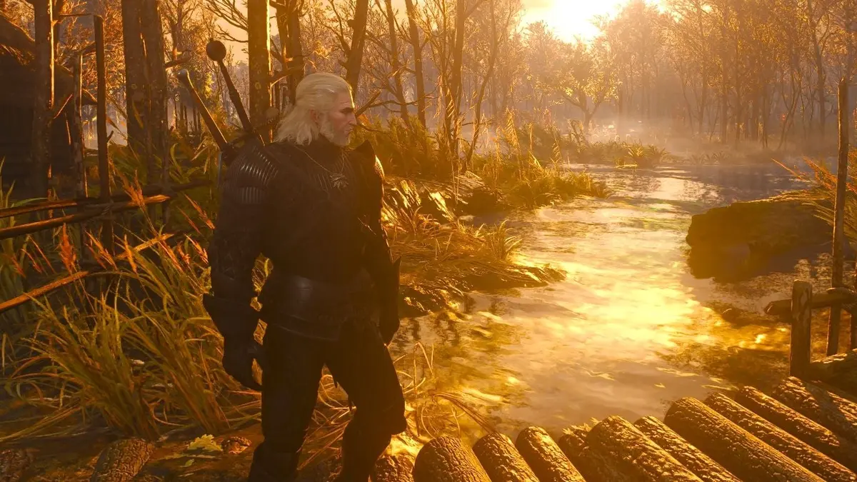 An armoured warrior dressed all in black plate and with two swords strapped to his back, stands in a swampy area as the sun goes down in the distance, and golden light bounces off a shallow river of w
