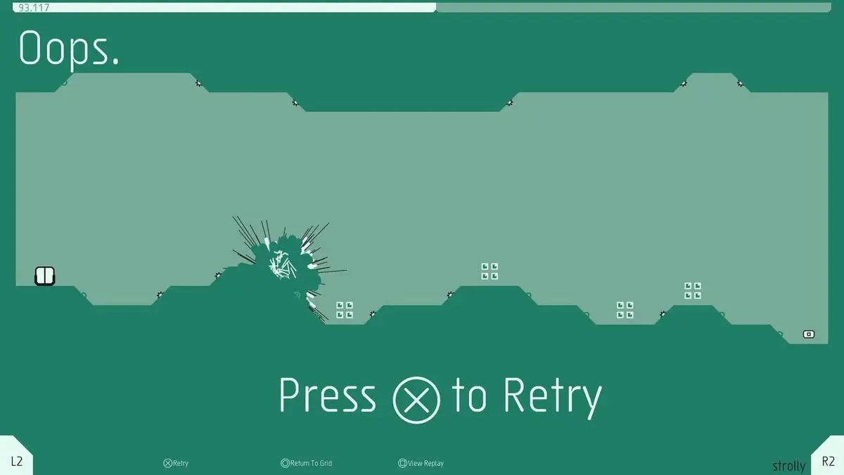 An N++ screenshot depicts the screen that appears to let players retry after a failed attempt.