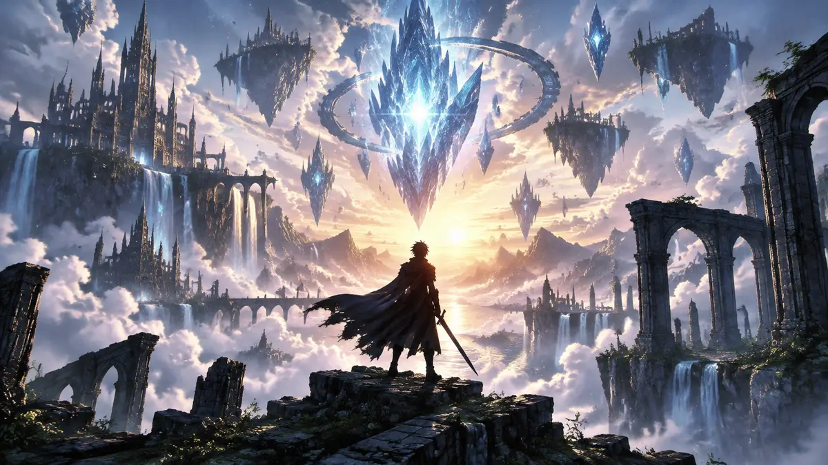 Фантастический пейзаж в стиле Final Fantasy с парящими кристаллами и руинами