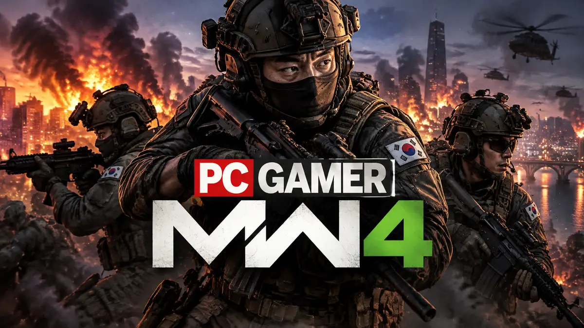 Южнокорейские морпехи из Modern Warfare 4 на фоне горящего города, постер в стиле Call of Duty