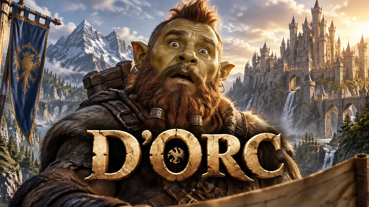 Полуорк-полудварф D'Orc с удивлённым лицом в центре фэнтезийного постера, за ним замок и горы