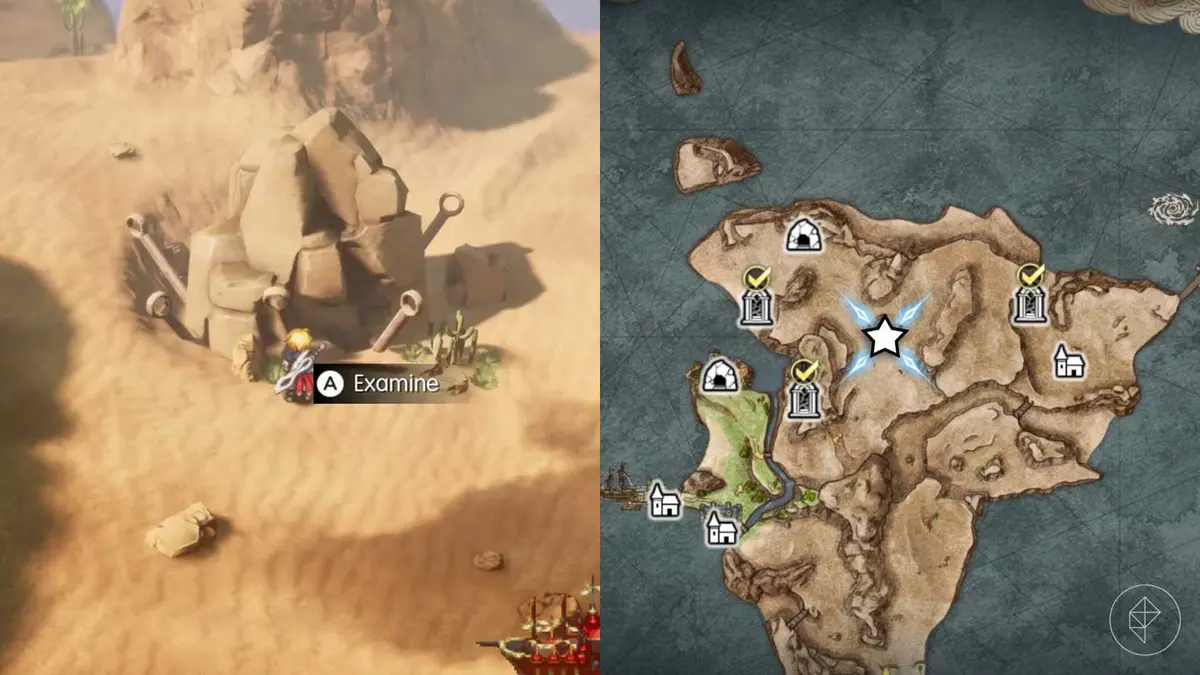 Rain examines a rock with a bunch of sealing stakes driven into it in Final Fantasy Resonance