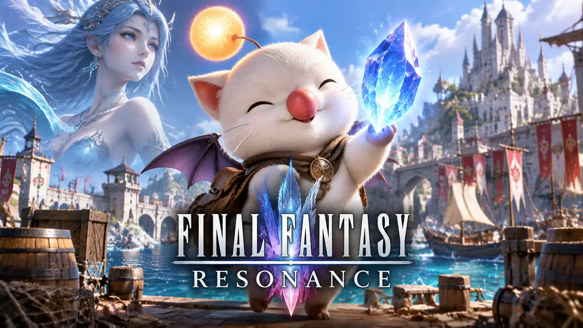 Moogle of Light с сияющим кристаллом Magicite в портовом городе, key art Final Fantasy Resonance