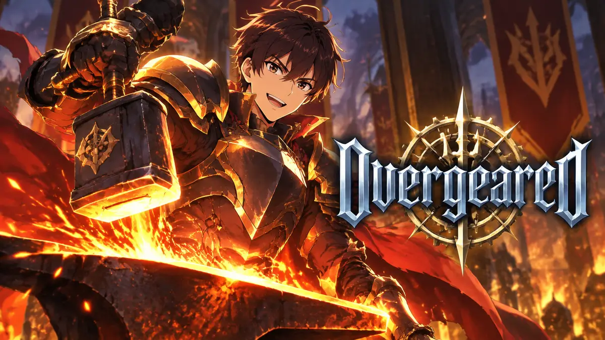 Кузнец Grid из аниме Overgeared в сияющих доспехах с молотом у пылающей наковальни, логотип Overgeared