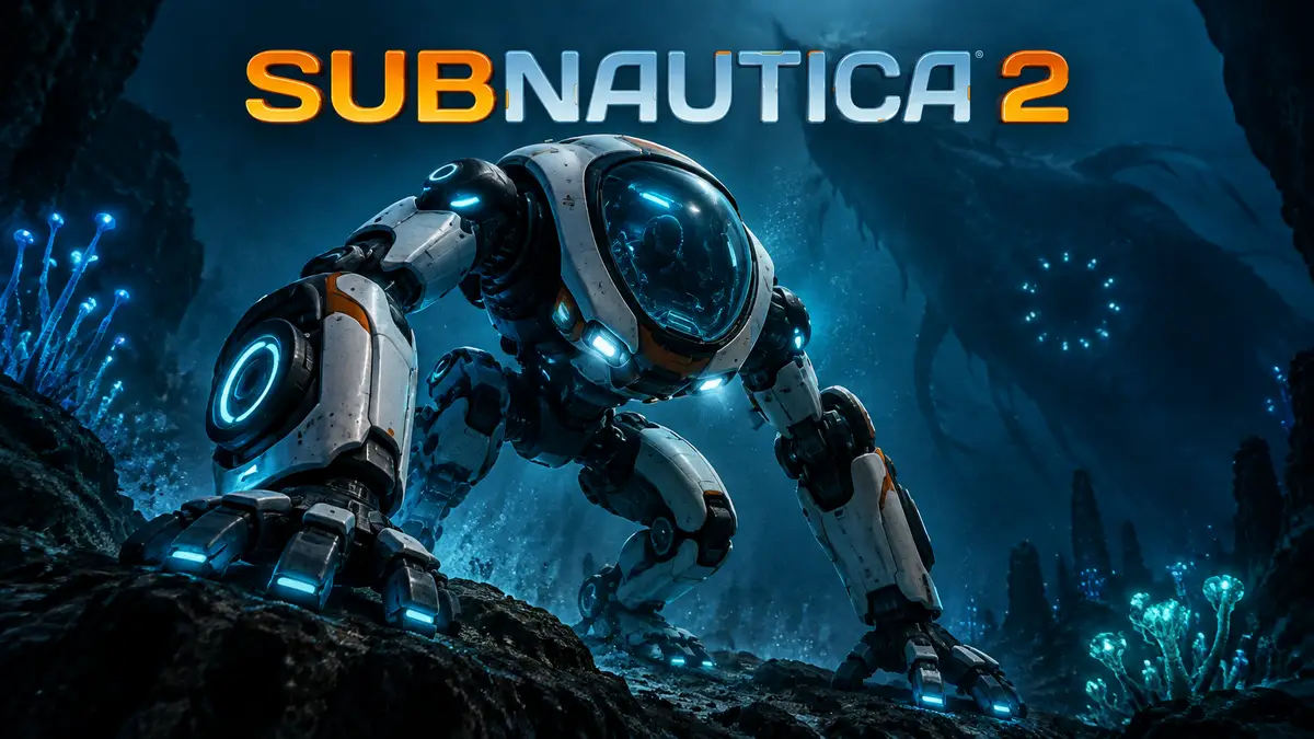 Подводный мех Frog из Subnautica 2 на руках и ногах в тёмной глубине океана с логотипом игры