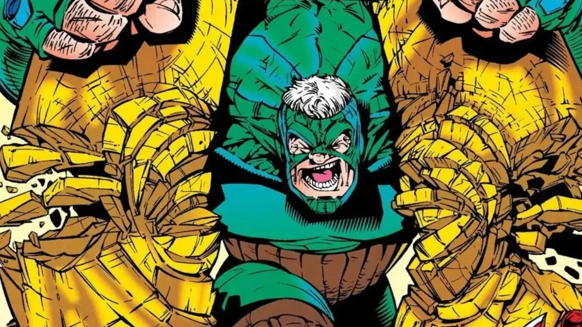 Sledge breaking a pair of massive pillars with his forearms on the Guy Gardner #27 cover.