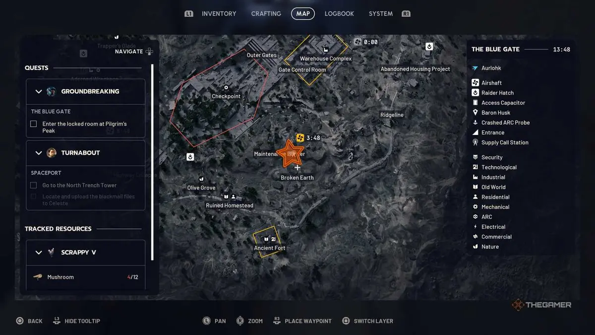 Close up of the map of eastern Blue Gate with an orange star edited onto the entrance to the Maintenance Bunker in Arc Raiders.
