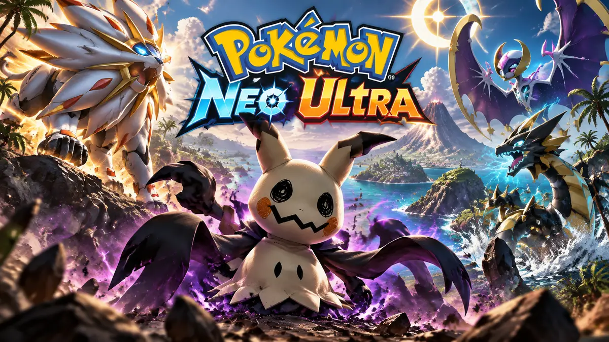 Mimikyu и усиленные покемоны на фоне тропических островов Алолы, стиль Pokémon Neo Ultra, напряжённая битва