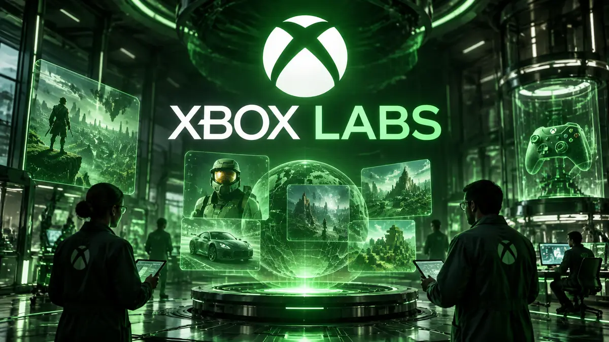 Светящийся логотип Xbox Labs над футуристической лабораторией с голограммами игр в зелёных тонах Xbox