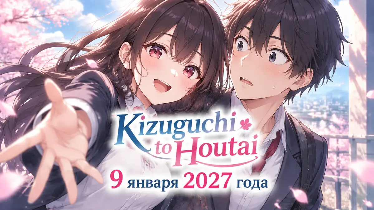 Герои аниме Kizuguchi to Houtai крупно в центре, яркий стиль романтической комедии, логотип сериала