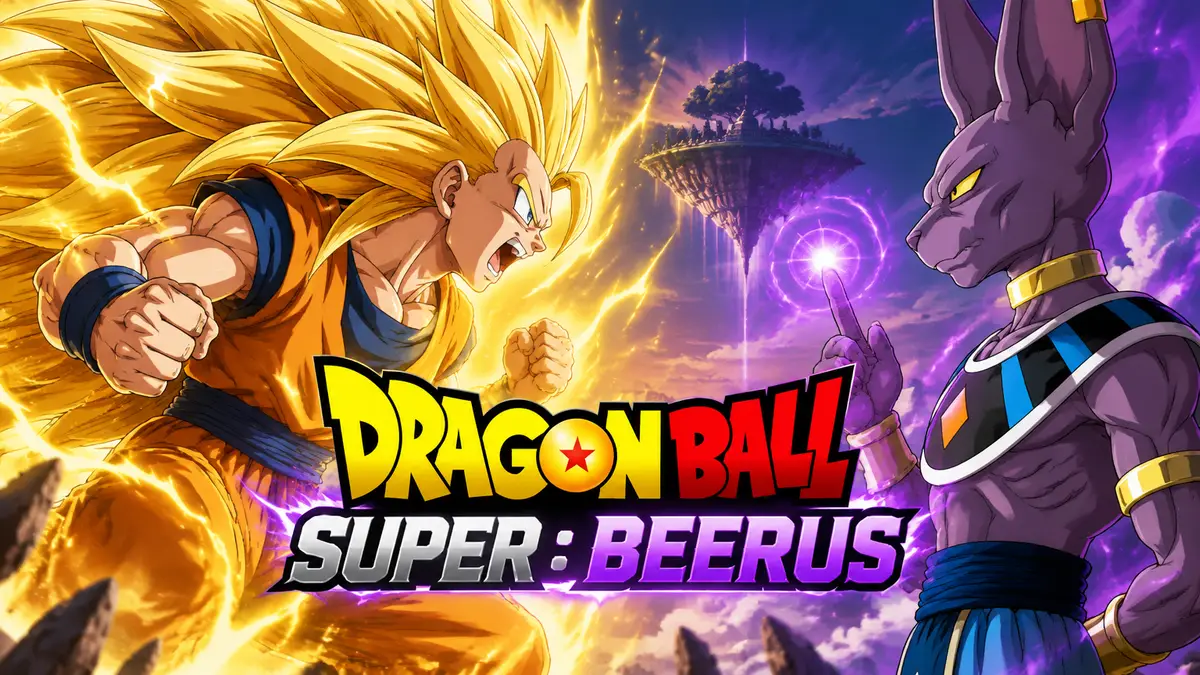 Гоку в форме Super Saiyan 3 с золотой аурой напротив Бируса, постер Dragon Ball Super: Beerus
