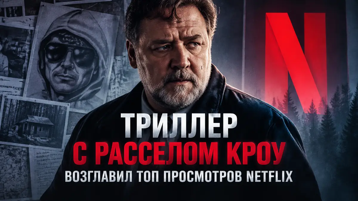 Рассел Кроу в образе следователя из триллера Unabomber на фоне постера Netflix