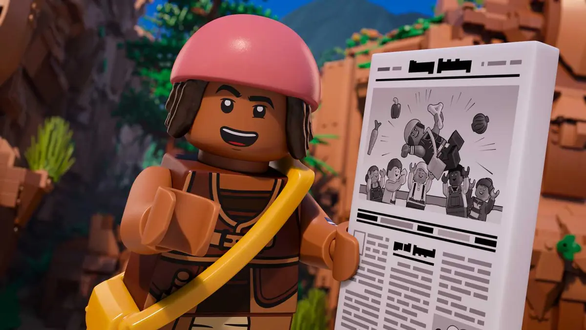 Usopp holding a Newspaper in LEGO One Piece.