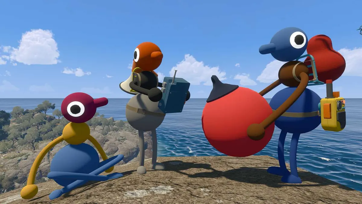 three creatures on a rock holding a large ball.