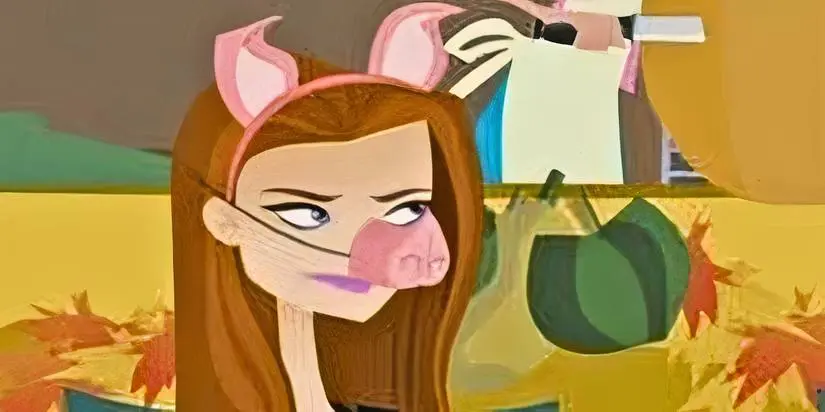 Jen wearing a fake pig nose in 6teen Boo, Dude