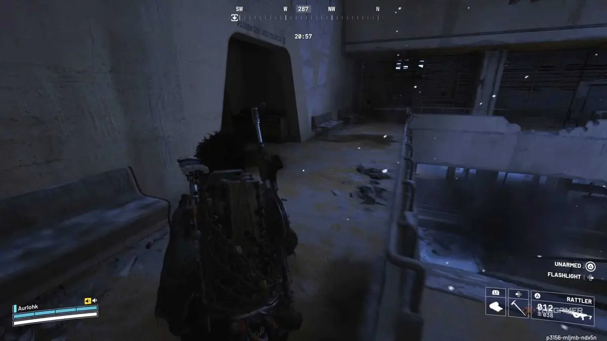 Player Raider approaching a doorway in the Arrival Building with Passenger Registration written above in Arc Raiders.
