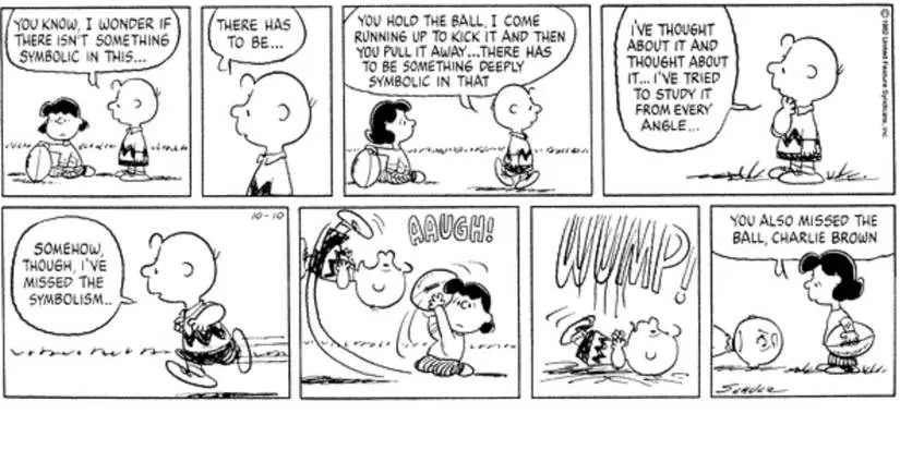 Lucy pulls the football away from Charlie Brown in Peanuts