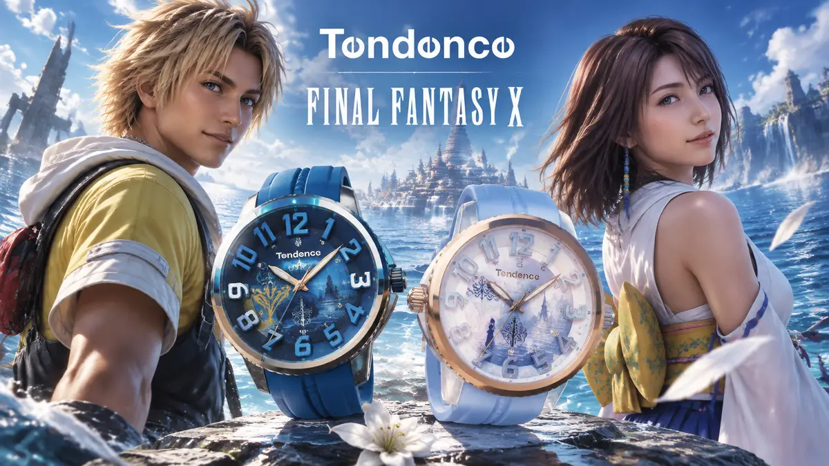 Тидус и Юна из Final Fantasy 10 на фоне моря Spira, рядом лимитированные часы Tendence в голубых тонах