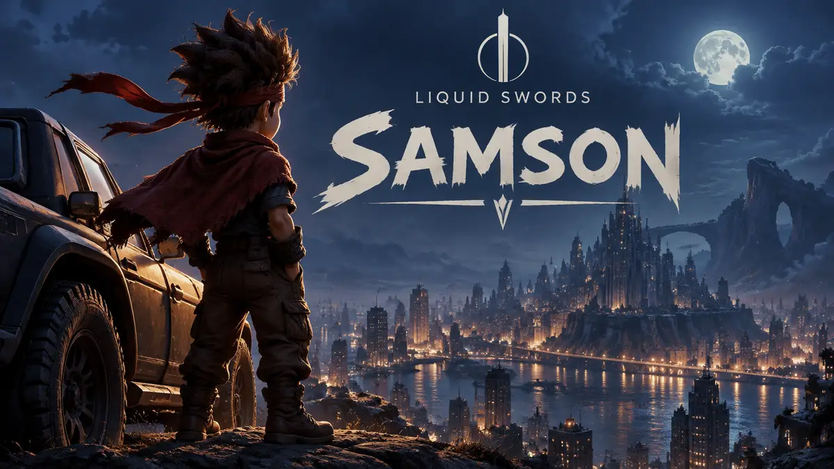 Главный герой Samson стоит у машины и смотрит на ночной город, постер игры студии Liquid Swords