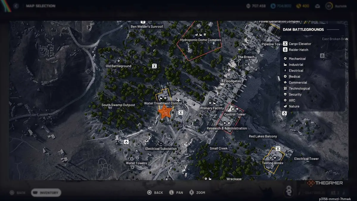 Close up of the Dam Battlegrounds map with an orange star edited onto Water Treatment Control in Arc Raiders.