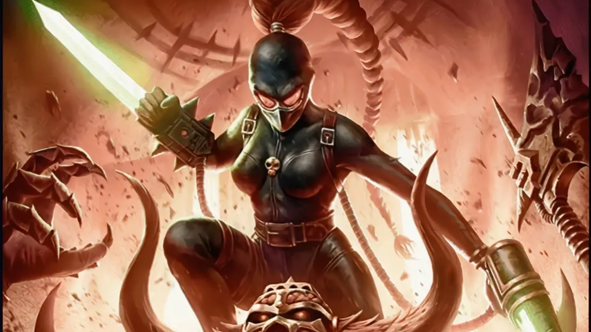 A close up image of artwork from Calludius Assassin from the Warhammer 40K Commander decks.