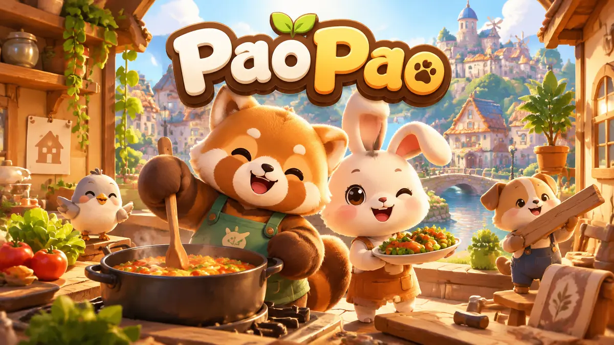 Герои игры Pao Pao вместе готовят еду и обустраивают дом на фоне уютного города