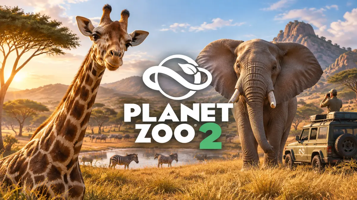 Жираф и слон в саванне африканского заповедника Planet Zoo 2 рядом с исследовательским джипом