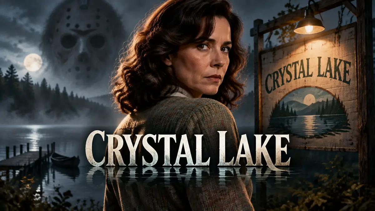 Памела Вурхиз в образе Линды Карделлини у таблички лагеря Crystal Lake, туманное озеро, постер сериала