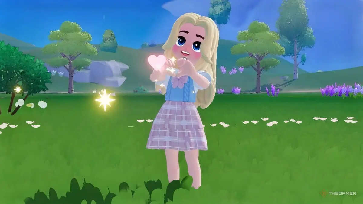 A player emoting in Heartopia in the grass.