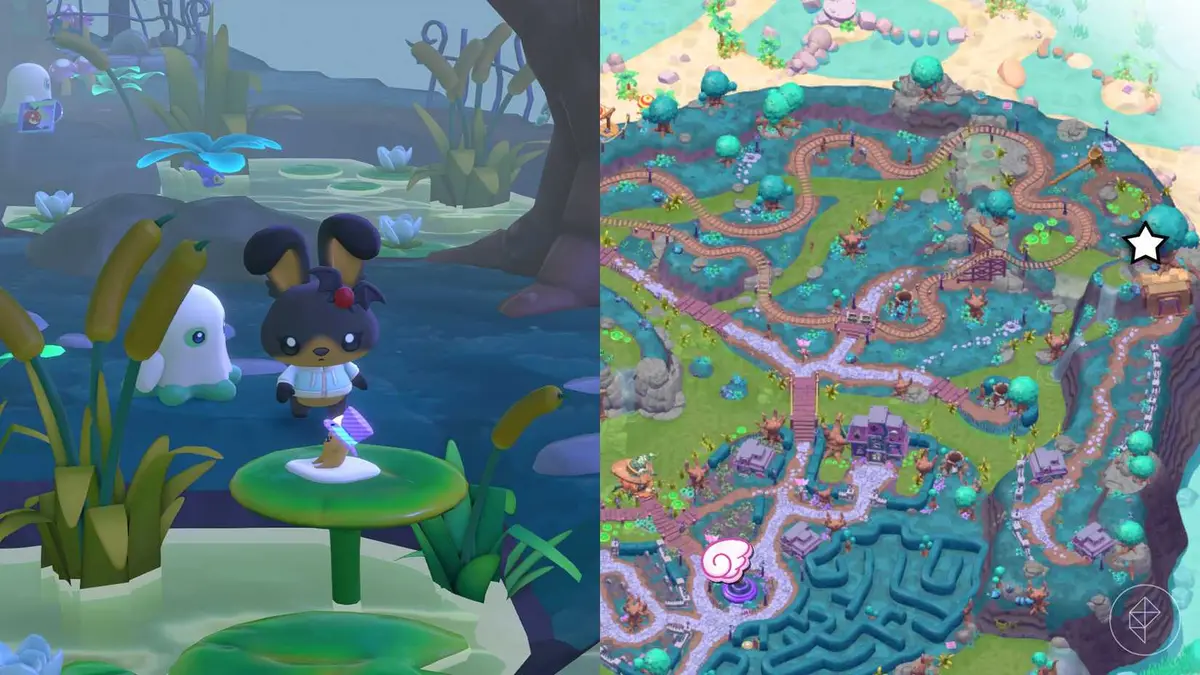 A rabbit stands behind a Gudetama on a lilypad in Hello Kitty Island Adventure