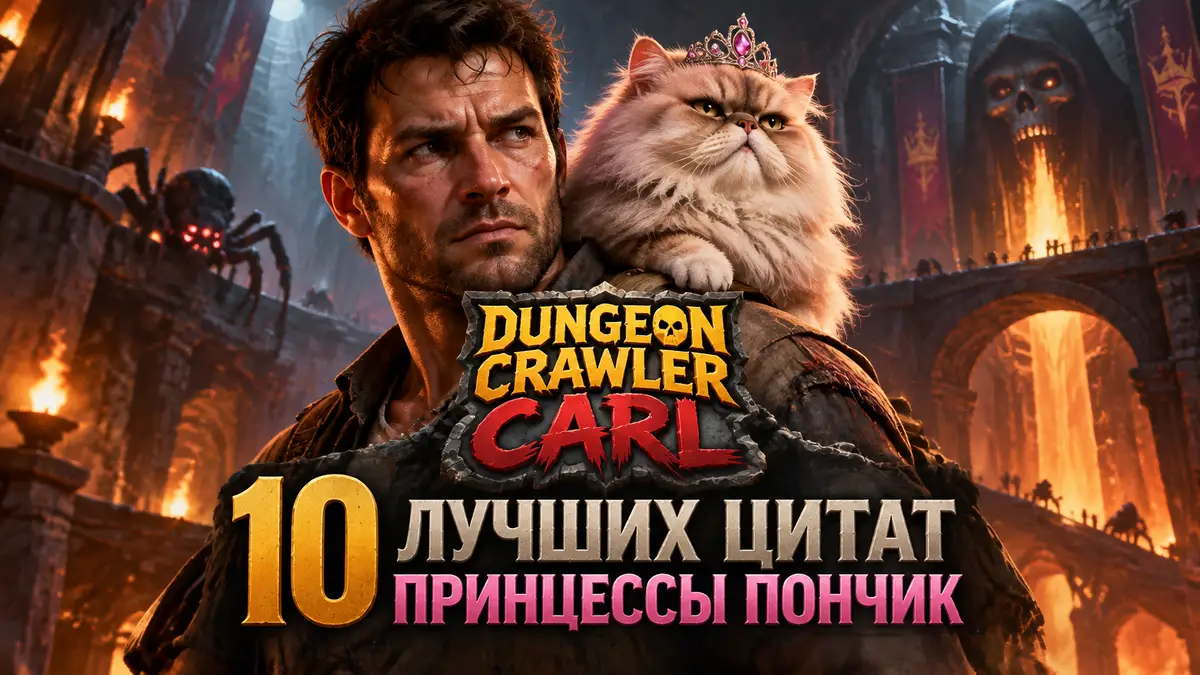 Персидская кошка Принцесса Пончик в тиаре на плече Карла, логотип Dungeon Crawler Carl, мрачное подземелье