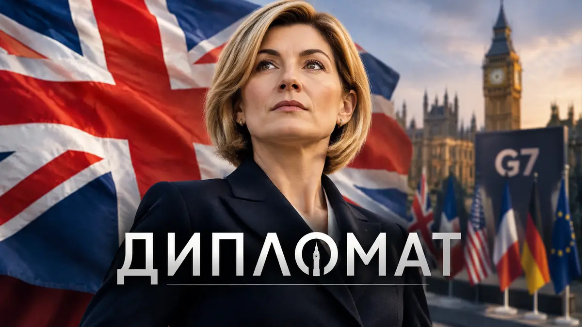 Джоди Уиттакер в роли премьер-министра Бетан Вон на фоне британского флага, постер сериала «Дипломат»