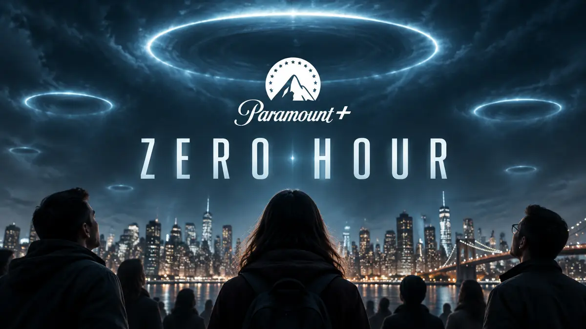 Постер сериала Zero Hour: светящиеся овалы в небе над ночным городом, люди смотрят вверх, логотип Paramount+
