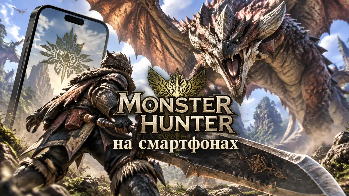 Охотник Monster Hunter с огромным мечом против рогатого дракона, на фоне смартфон и логотип серии
