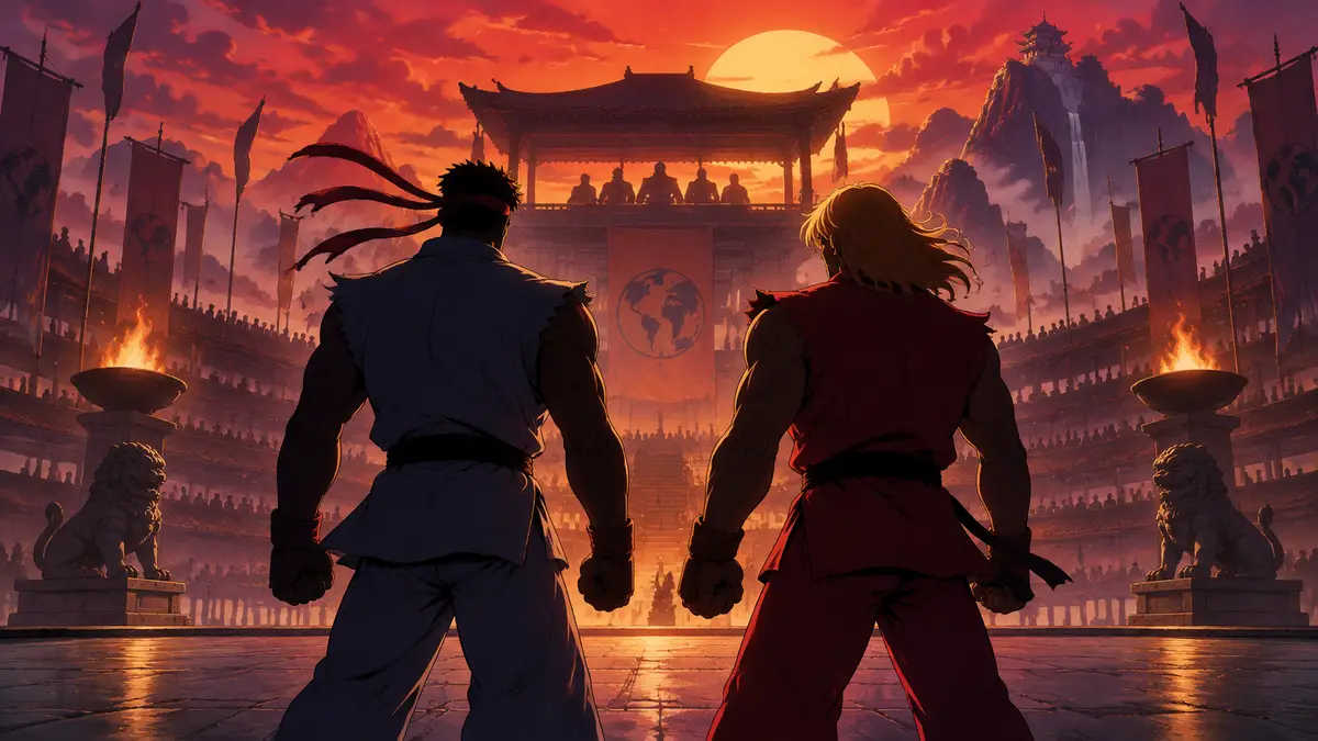 Рю и Кен из Street Fighter в стиле рисованного аниме 90-х на фоне арены первого Турнира