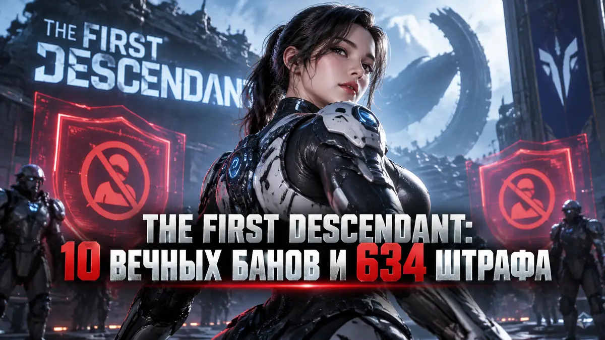 Героиня The First Descendant в футуристической броне на фоне логотипа игры и неоновых щитов античита