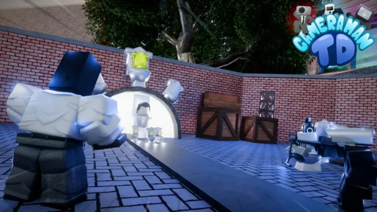 Artwork for the Roblox game Cameraman Tower Defense showing some humanoid characters with characters for heads fighting toilet-shaped enemies.