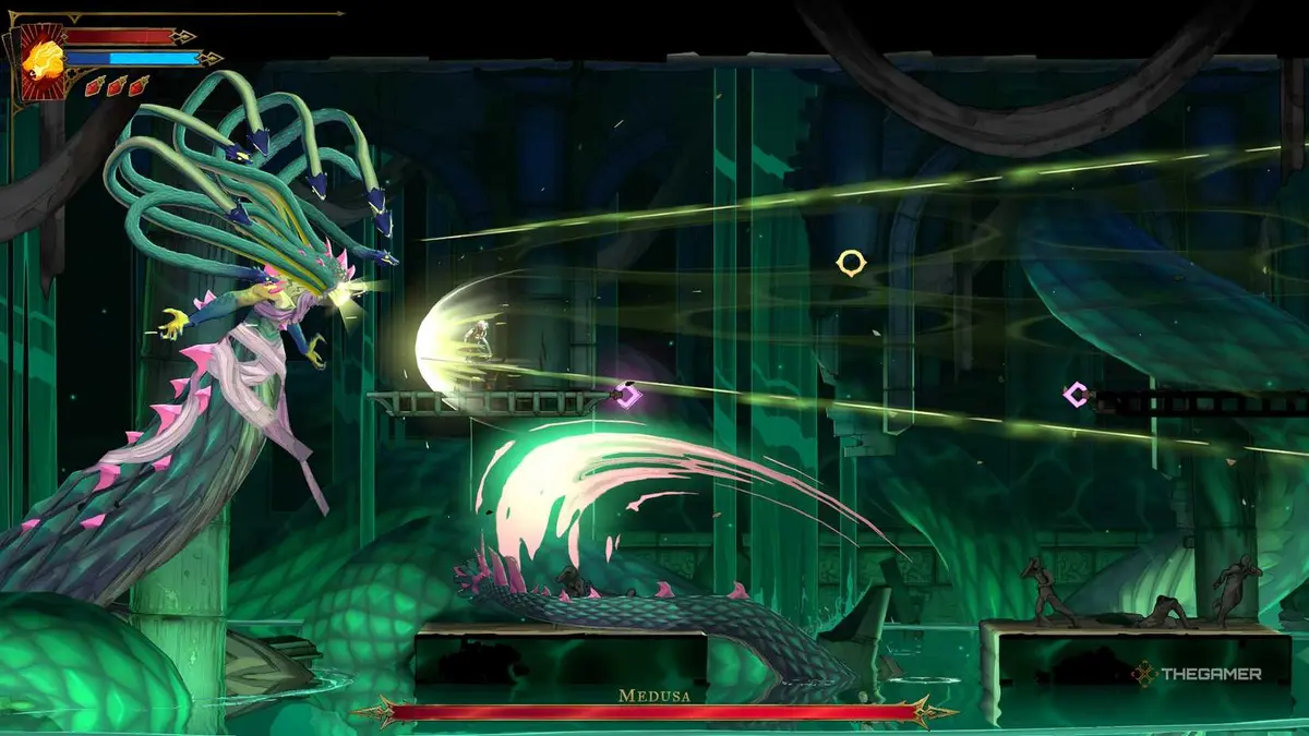 A player finding The Prophetess clues and defeating Medusa in Castlevania: Belmont's Curse.