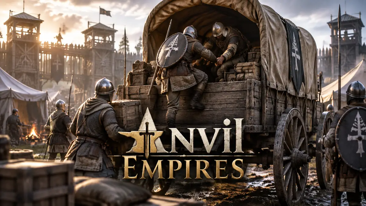 Средневековые бойцы загружаются в повозку Troop Wagon на фоне лагеря Anvil Empires