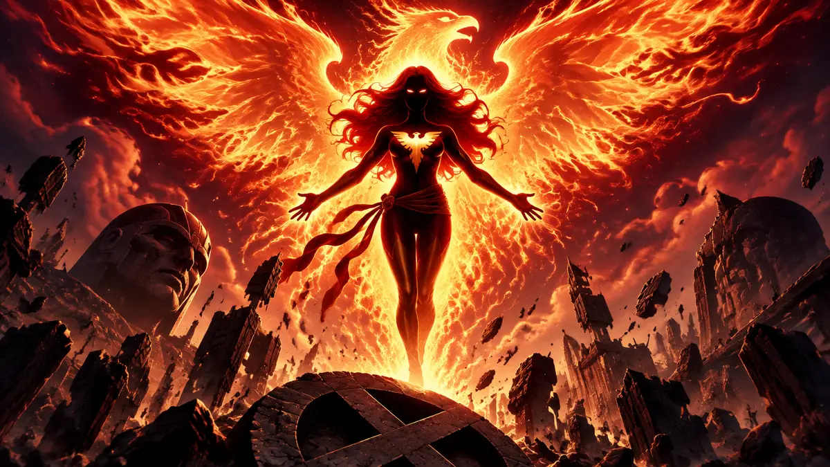 Джин Грей в огненной ауре Тёмного Феникса парит над логотипом X-Men, обложка комикса Marvel