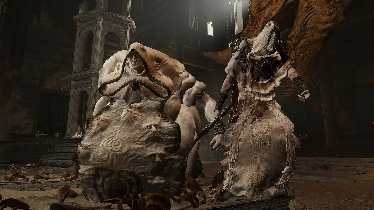 The Godskin Duo from Elden Ring standing side by side