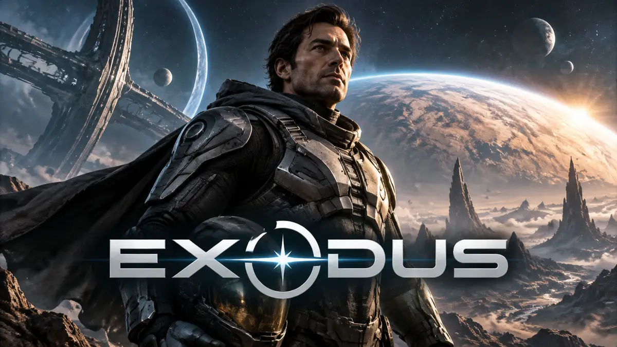 Постер Exodus: космический герой в броне на фоне чужой планеты и звёздного неба, логотип экшен-RPG Exodus