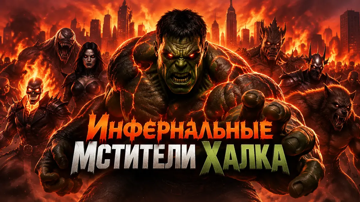 Инфернальный Халк Marvel в центре, за ним армия монстров Infernal Avengers на фоне горящего Нью-Йорка