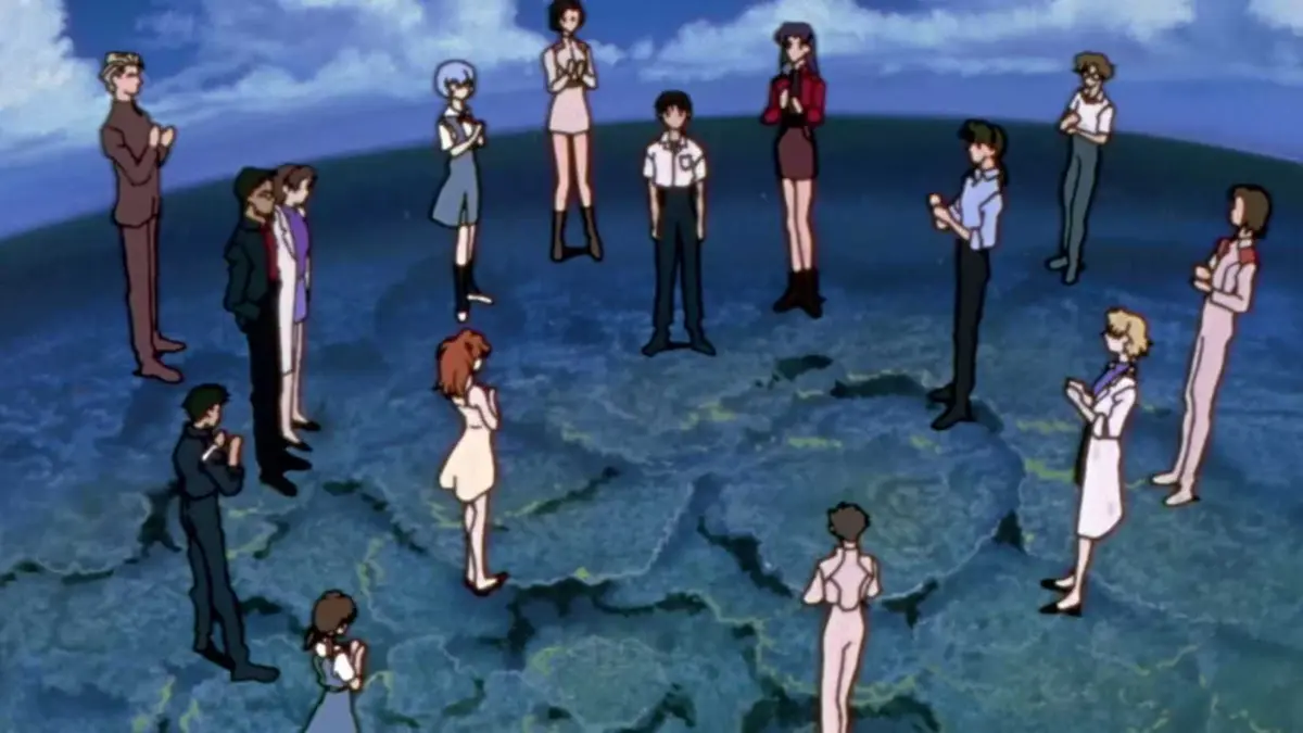 Everyone claps for Shinji in Neon Genesis Evangelion's ending.