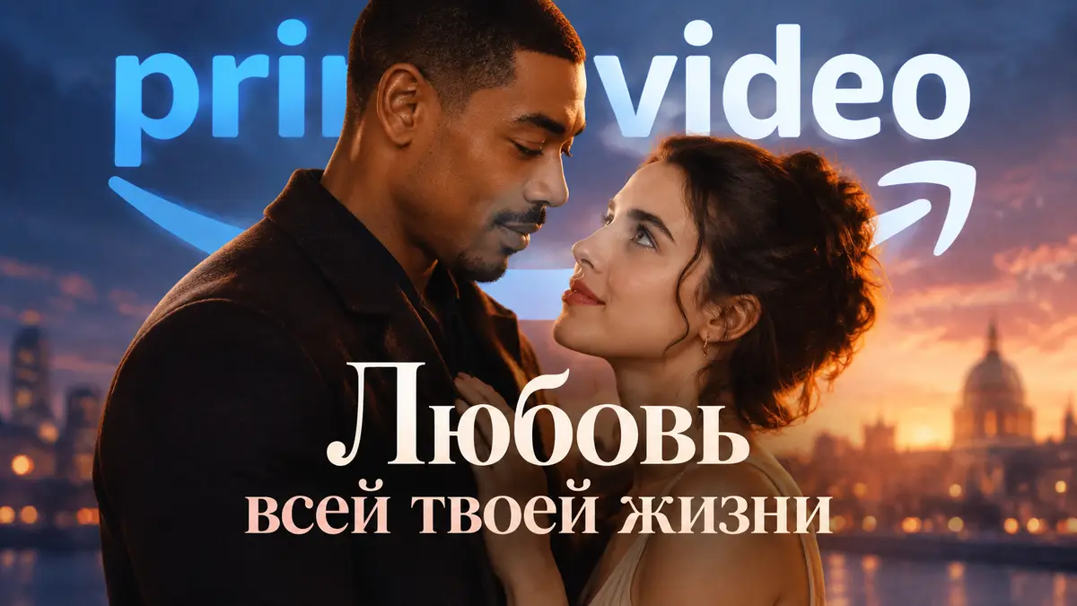 Аарон Пьер и Маргарет Куэлли в романтичном постере фильма «Любовь всей твоей жизни» на фоне логотипа Prime Video