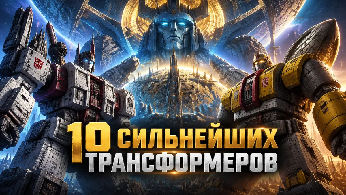 Трансформеры: гигантский бог-робот Primus над Кибертроном, рядом Metroplex и Omega Supreme в стиле постера