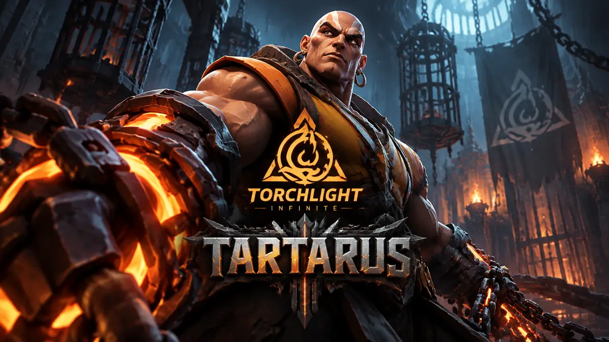 Персонаж Юга на фоне темных тюремных декораций с логотипом игры Torchlight Infinite