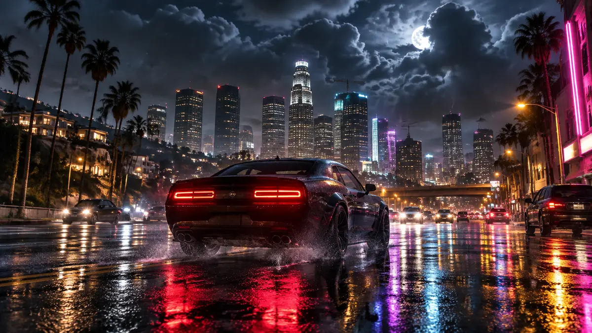 Ночной Лос-Сантос из GTA 5 под дождём, неоновые вывески отражаются в мокром асфальте, объёмные облака