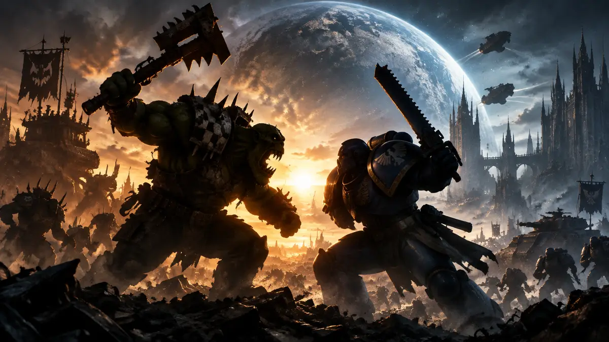 Орк и космодесантник сходятся в битве на фоне планеты Kronus, ключевой арт Warhammer 40,000: Dawn of War 4