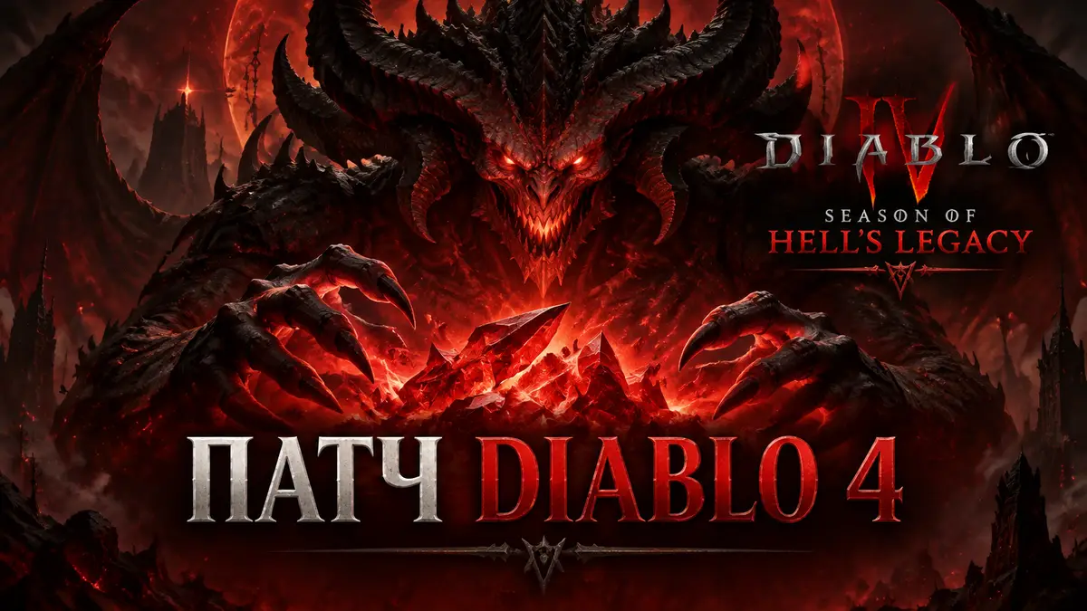 Diablo 4: рогатый Diablo в центре над светящимися алыми осколками Зла, логотип Season of Hell's Legacy